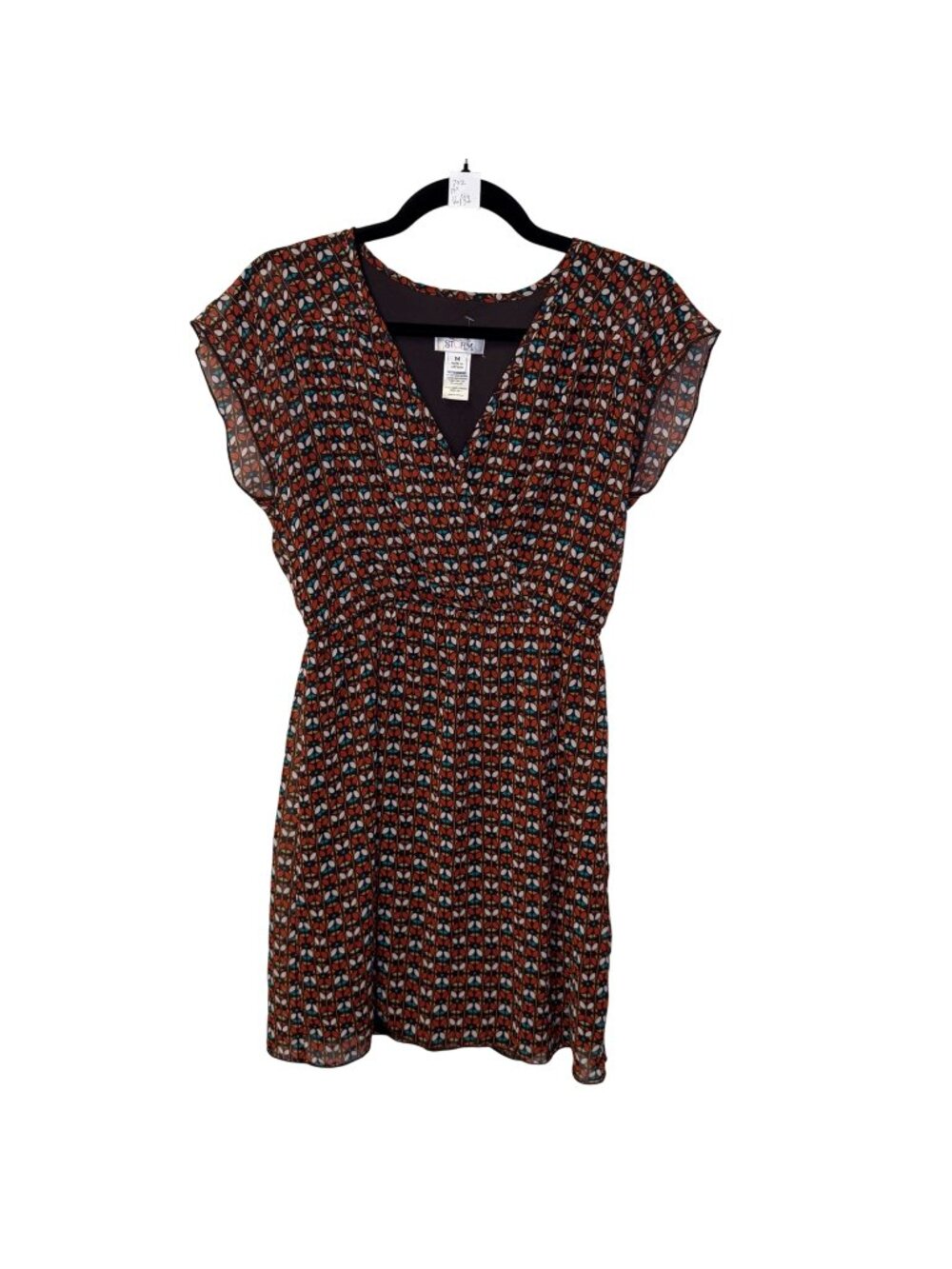 Sweet Storm Geometric Print Faux Wrap Dress Brown Orange Blue Size Medium Boho